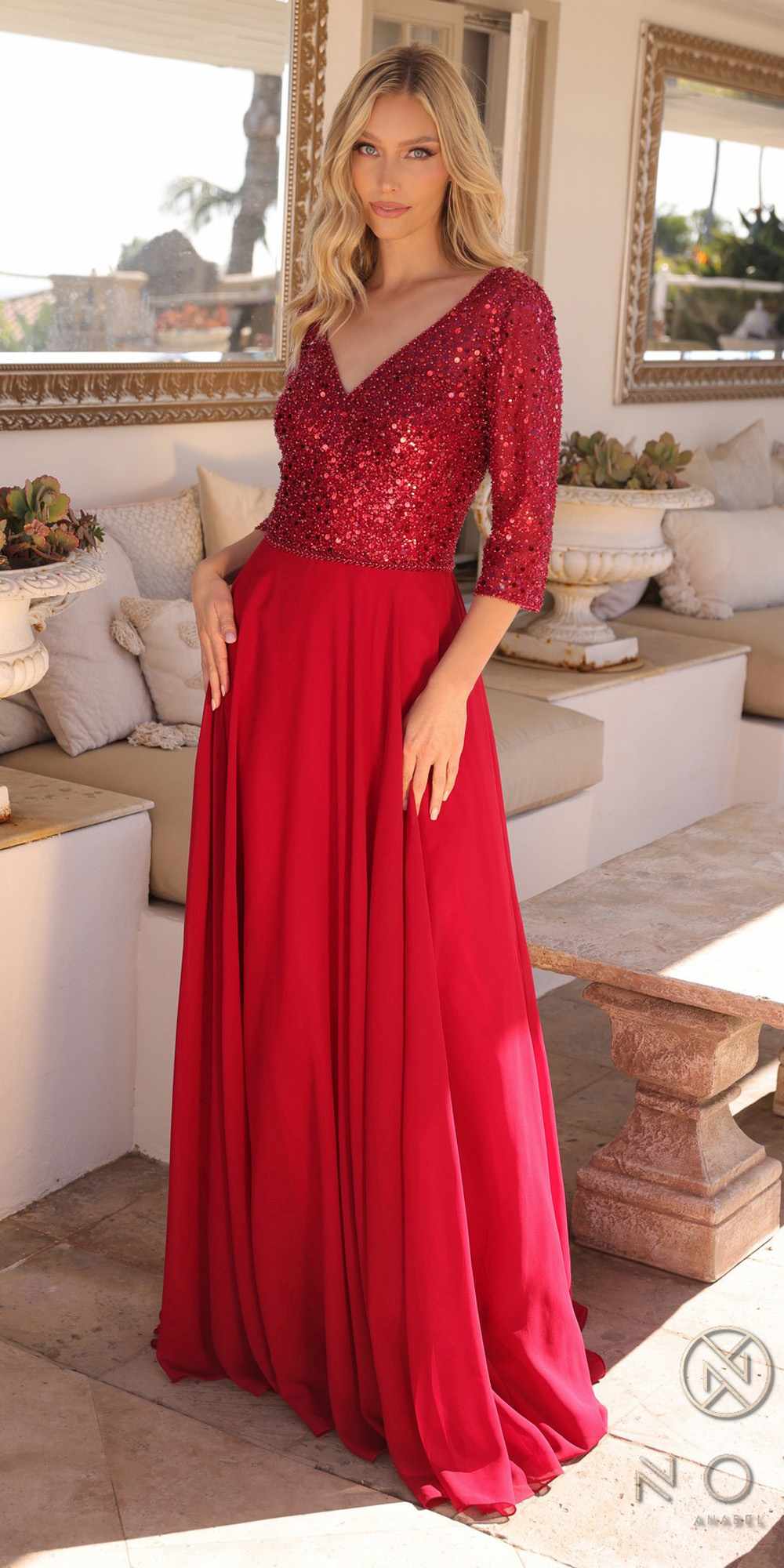 Nox Anabel MF103 Long Sequin Bodice 3/4 Sleeve A-line Gown