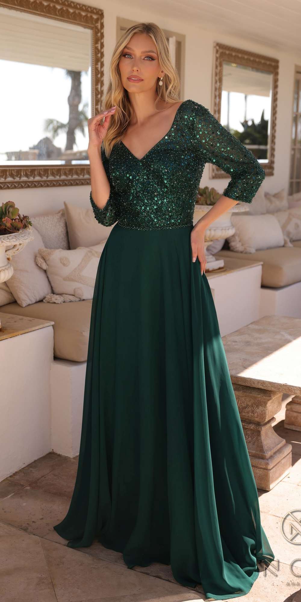 Nox Anabel MF103 Long Sequin Bodice 3/4 Sleeve A-line Gown