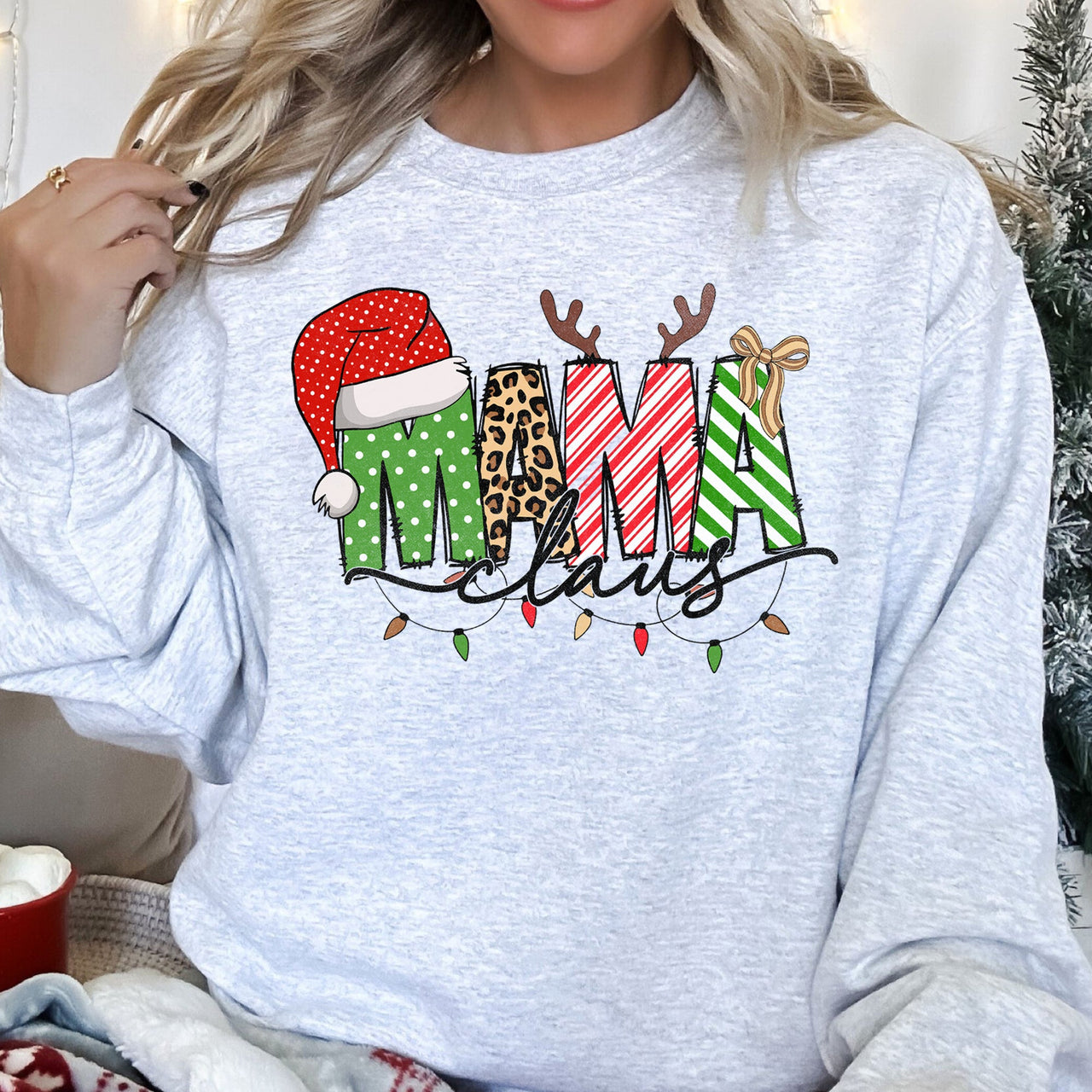 Mama Claus Santa Plaid Leopard Print Christmas Holiday Cheer Collection Sweatshirt