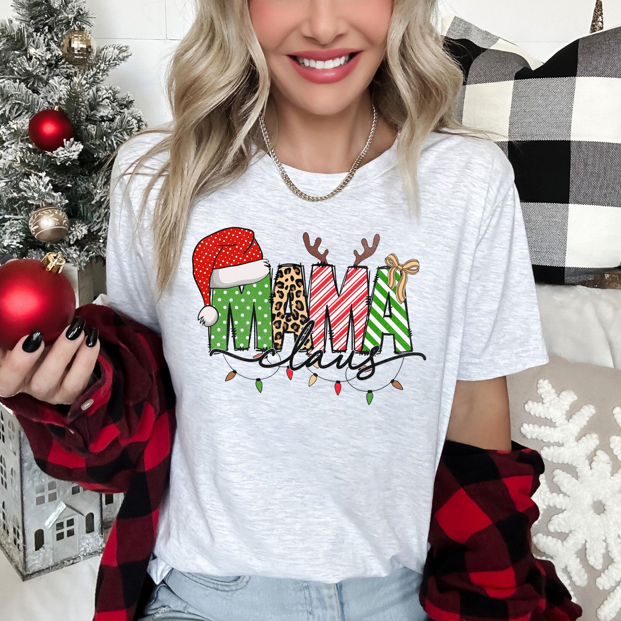 Mama Claus Santa Plaid Leopard Print Christmas Holiday Cheer Limited Edition Graphic Tee