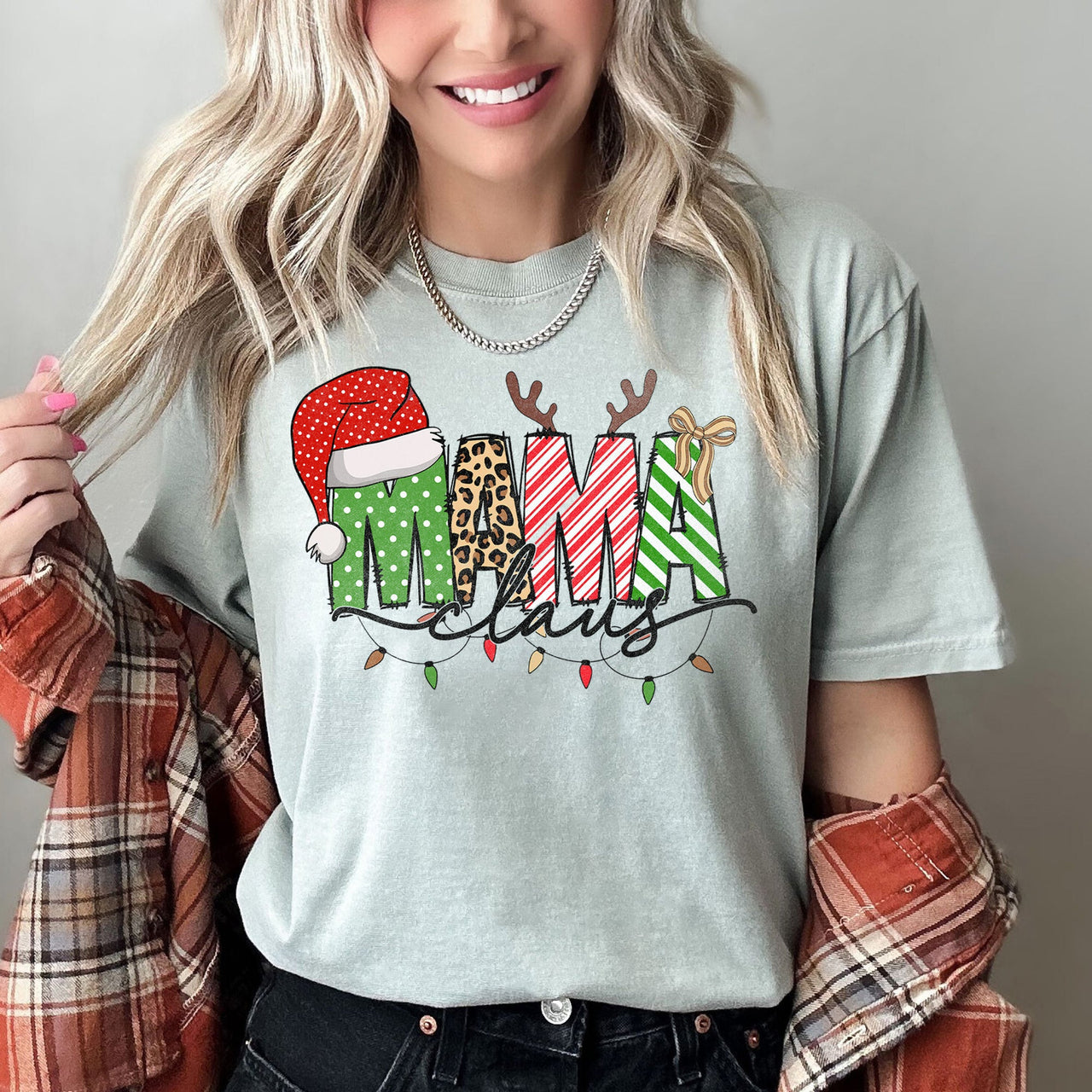 Mama Claus Santa Plaid Leopard Print Christmas Festive Pattern Comfort Colors Tee