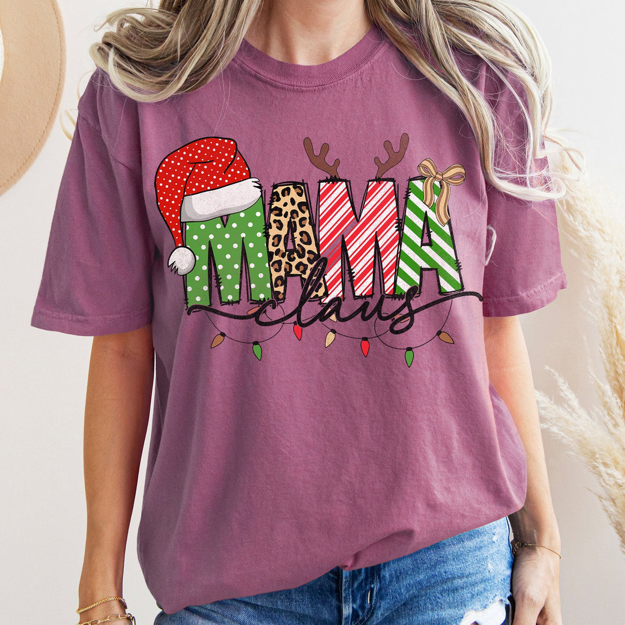 Mama Claus Santa Plaid Leopard Print Christmas Festive Pattern Comfort Colors Tee