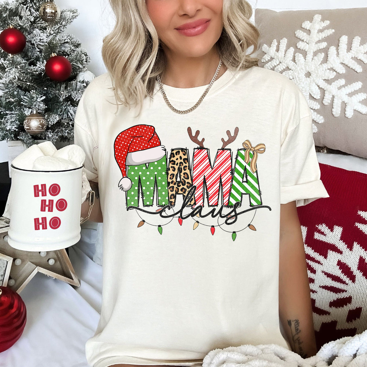 Mama Claus Santa Plaid Leopard Print Christmas Festive Pattern Comfort Colors Tee