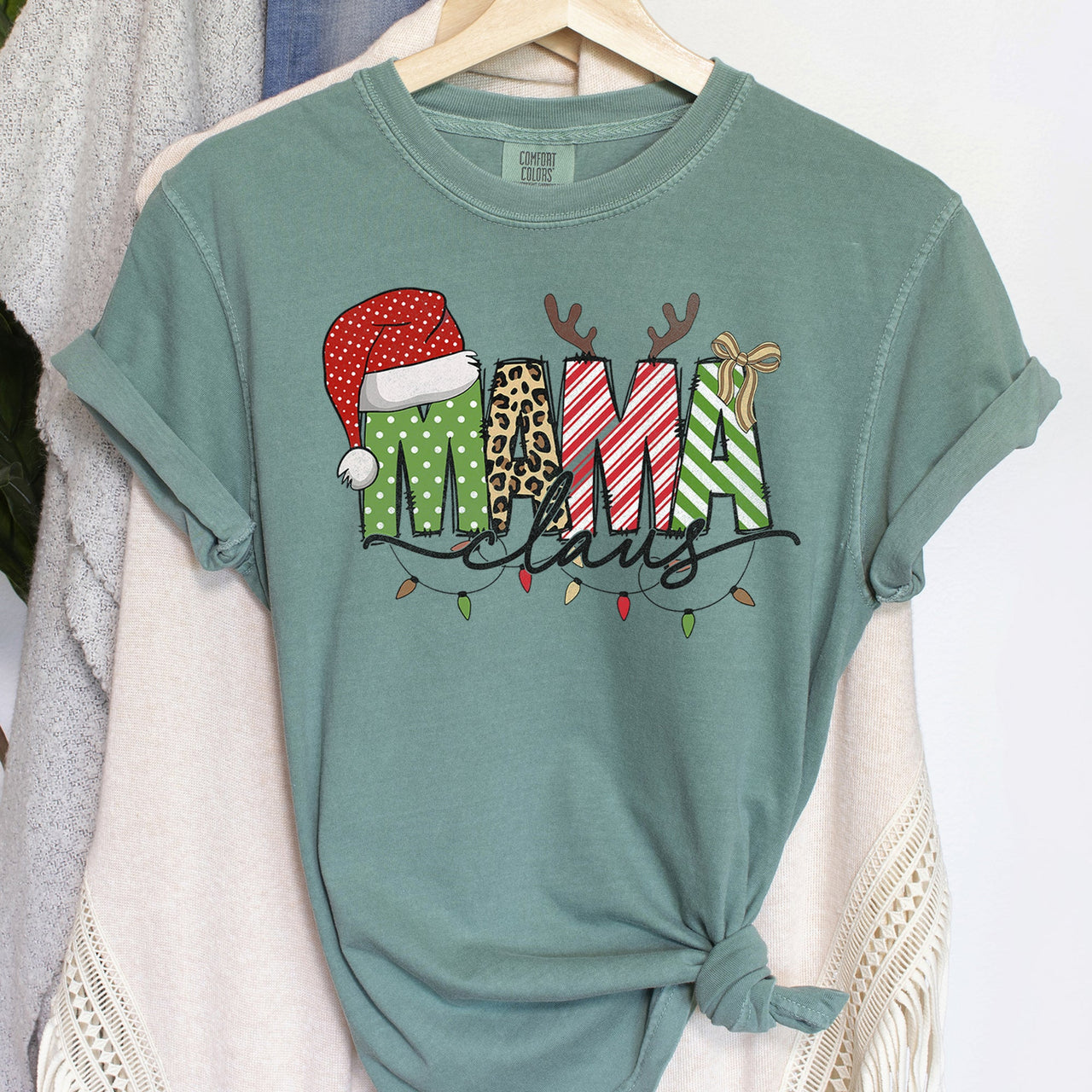 Mama Claus Santa Plaid Leopard Print Christmas Festive Pattern Comfort Colors Tee