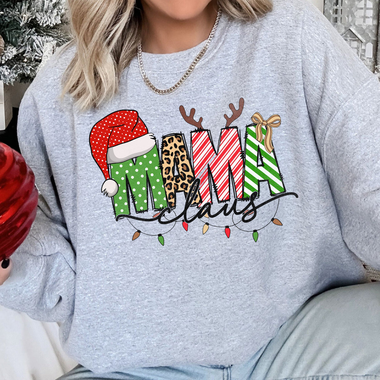 Mama Claus Santa Plaid Leopard Print Christmas Holiday Cheer Collection Sweatshirt