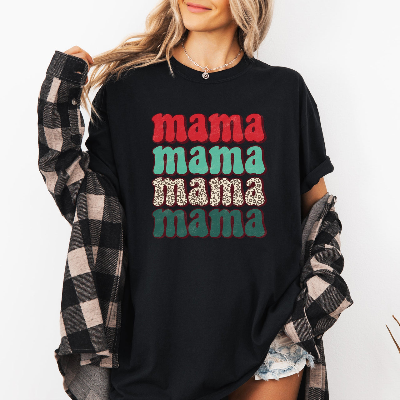 Mama Mama Mama Mama Christmas Retro Leopard Print Santa Xmas Holiday Edition Comfort Colors Tee