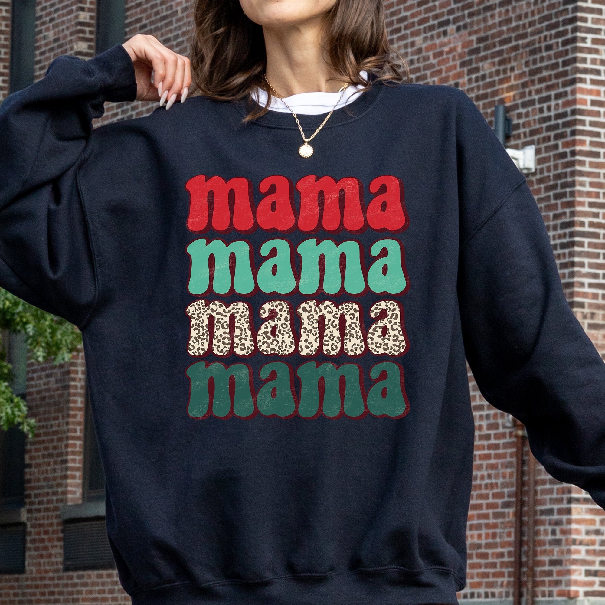 Mama Mama Mama Mama Christmas Xmas Leopard Print Santa Retro Winter Graphic Sweatshirt