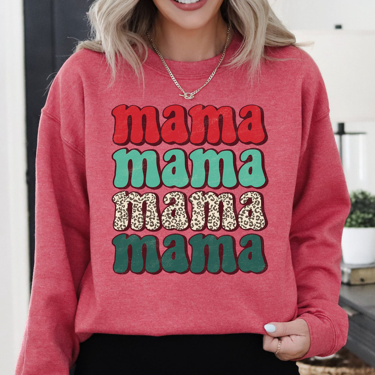 Mama Mama Mama Mama Christmas Xmas Leopard Print Santa Retro Winter Graphic Sweatshirt