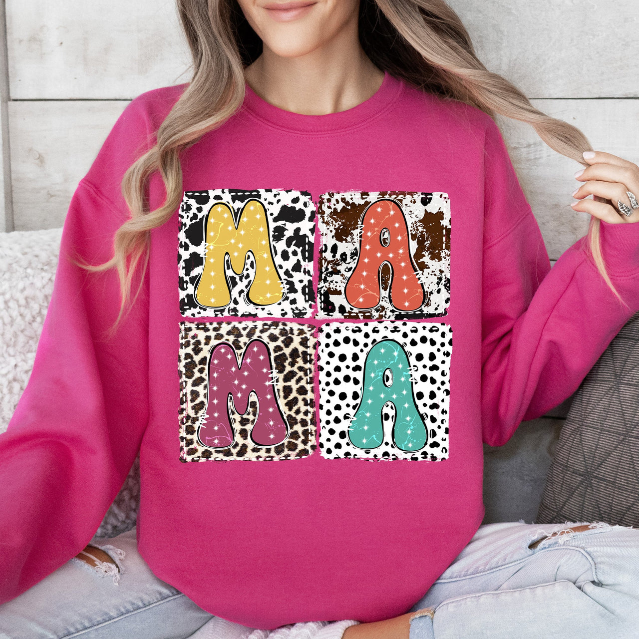 Mama Bold Animal Print Leopard Cow Dalmatian Retro Mother's Day Graphic Sweatshirt