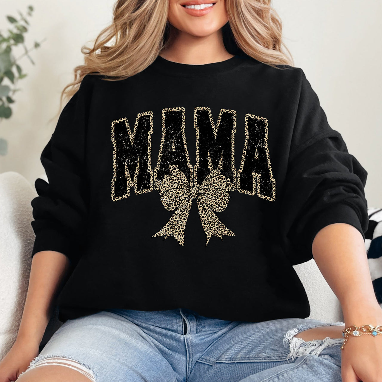Uniquely Styled Mama Leopard Print Bow Ribbon Embellished Cozy Mother's Day Sweatshirt