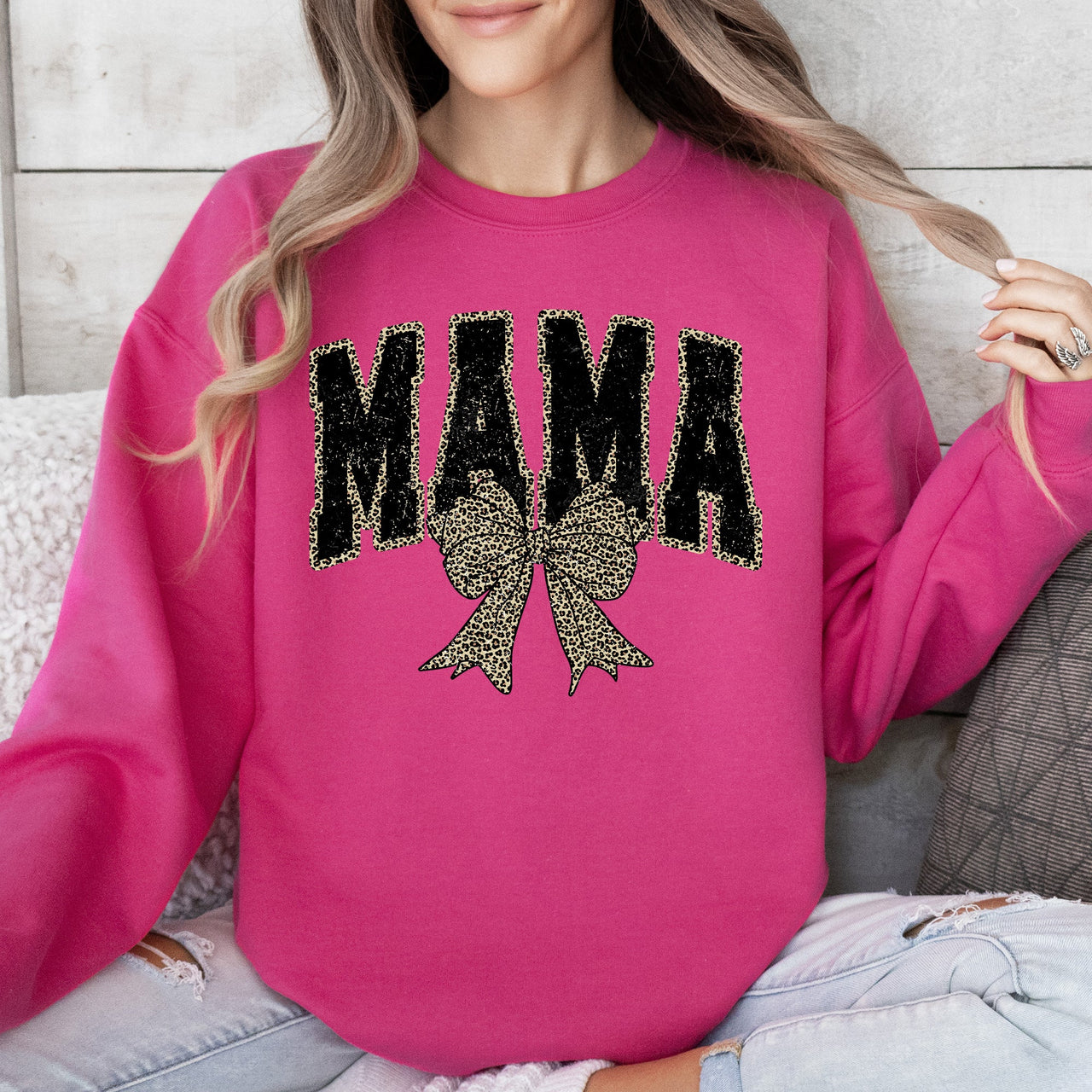 Uniquely Styled Mama Leopard Print Bow Ribbon Embellished Cozy Mother's Day Sweatshirt