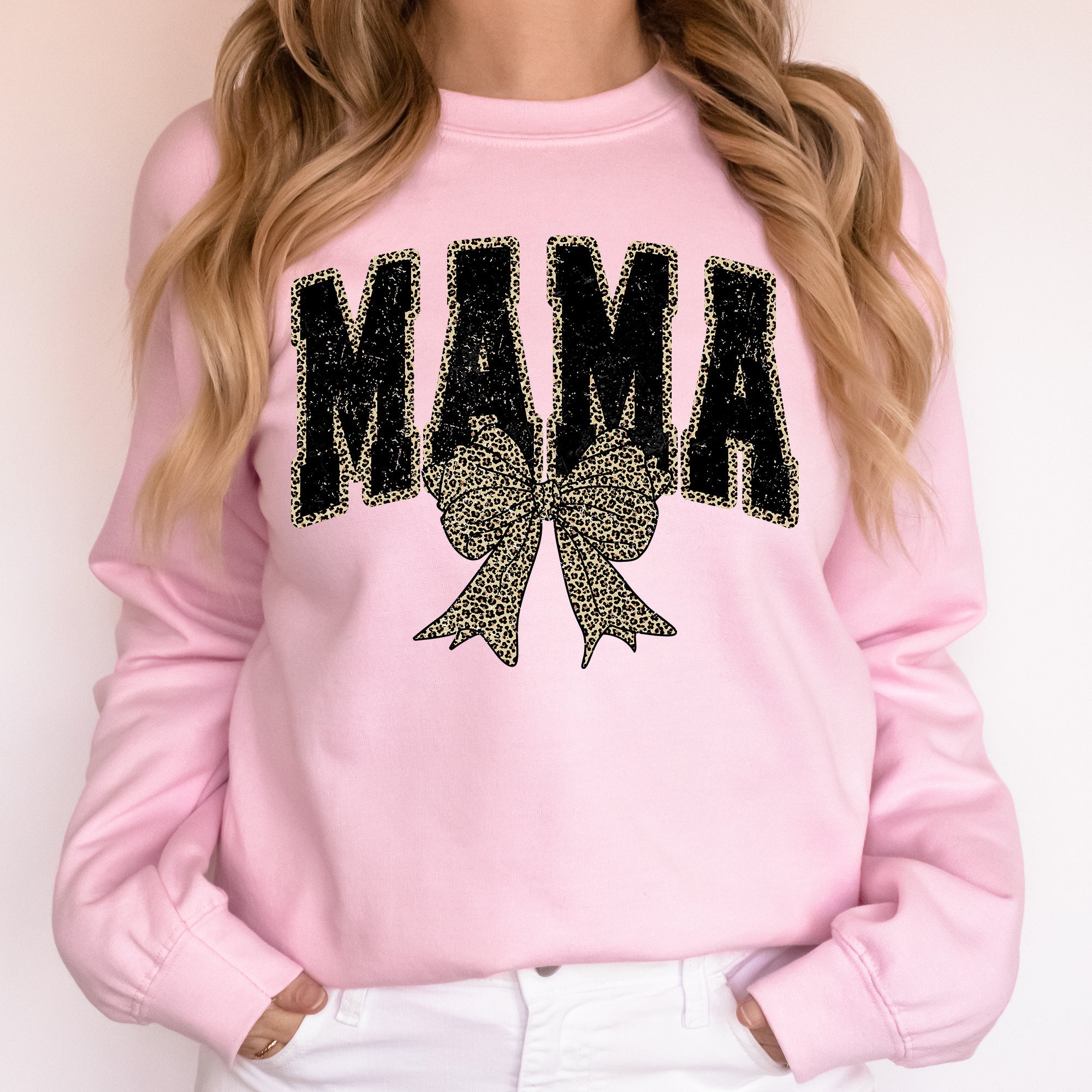 Uniquely Styled Mama Leopard Print Bow Ribbon Embellished Cozy Mother's Day Sweatshirt