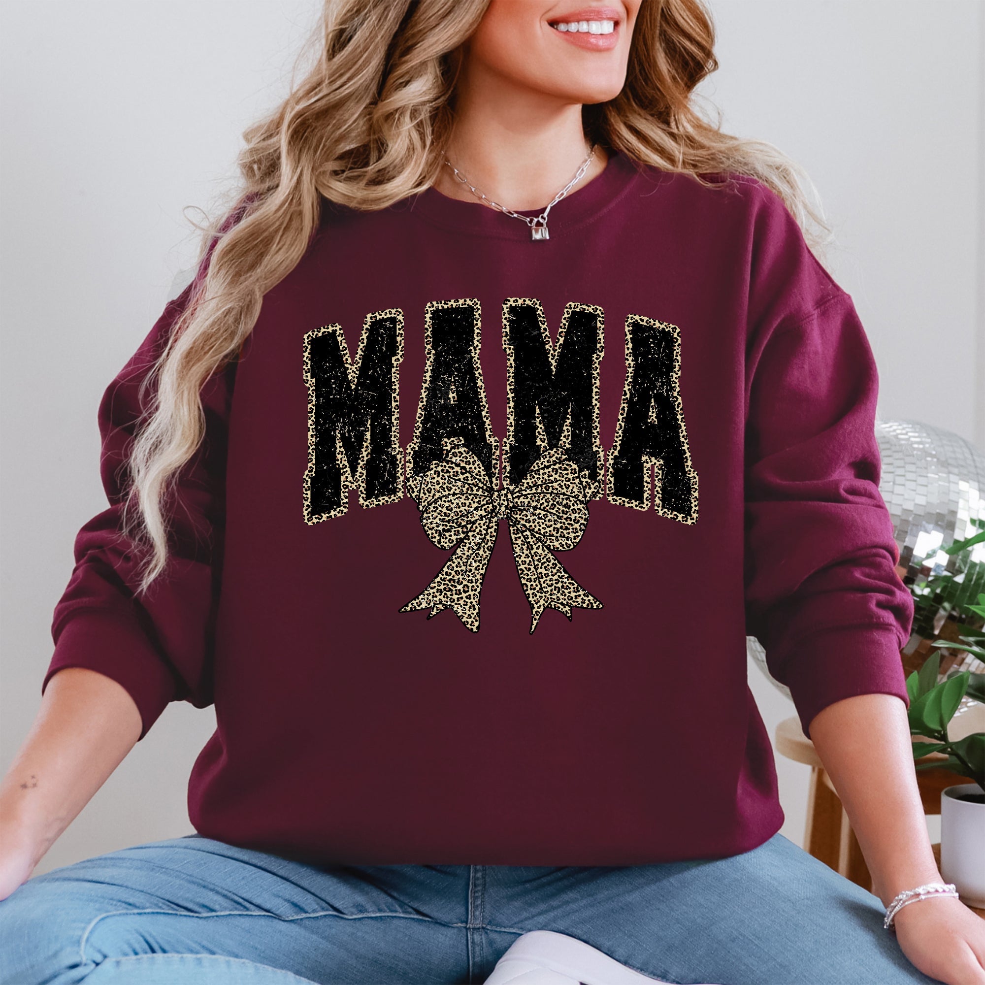 Uniquely Styled Mama Leopard Print Bow Ribbon Embellished Cozy Mother's Day Sweatshirt