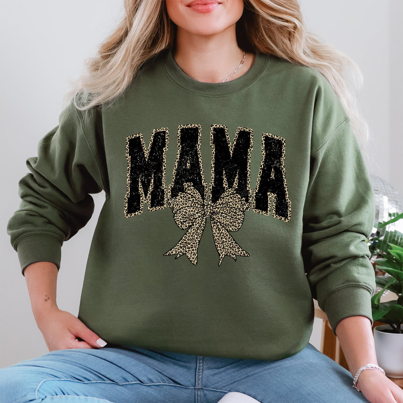 Uniquely Styled Mama Leopard Print Bow Ribbon Embellished Cozy Mother's Day Sweatshirt
