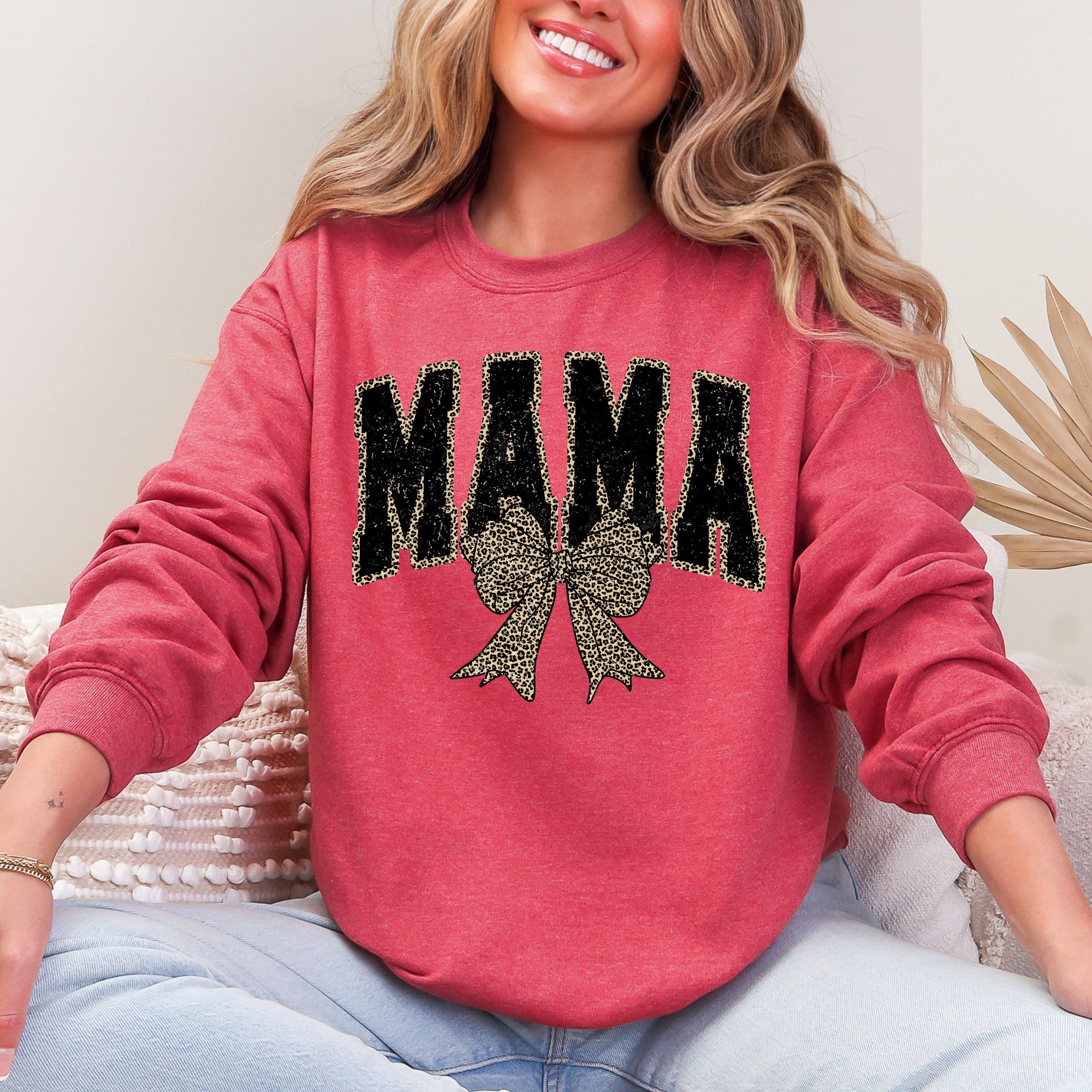 Uniquely Styled Mama Leopard Print Bow Ribbon Embellished Cozy Mother's Day Sweatshirt