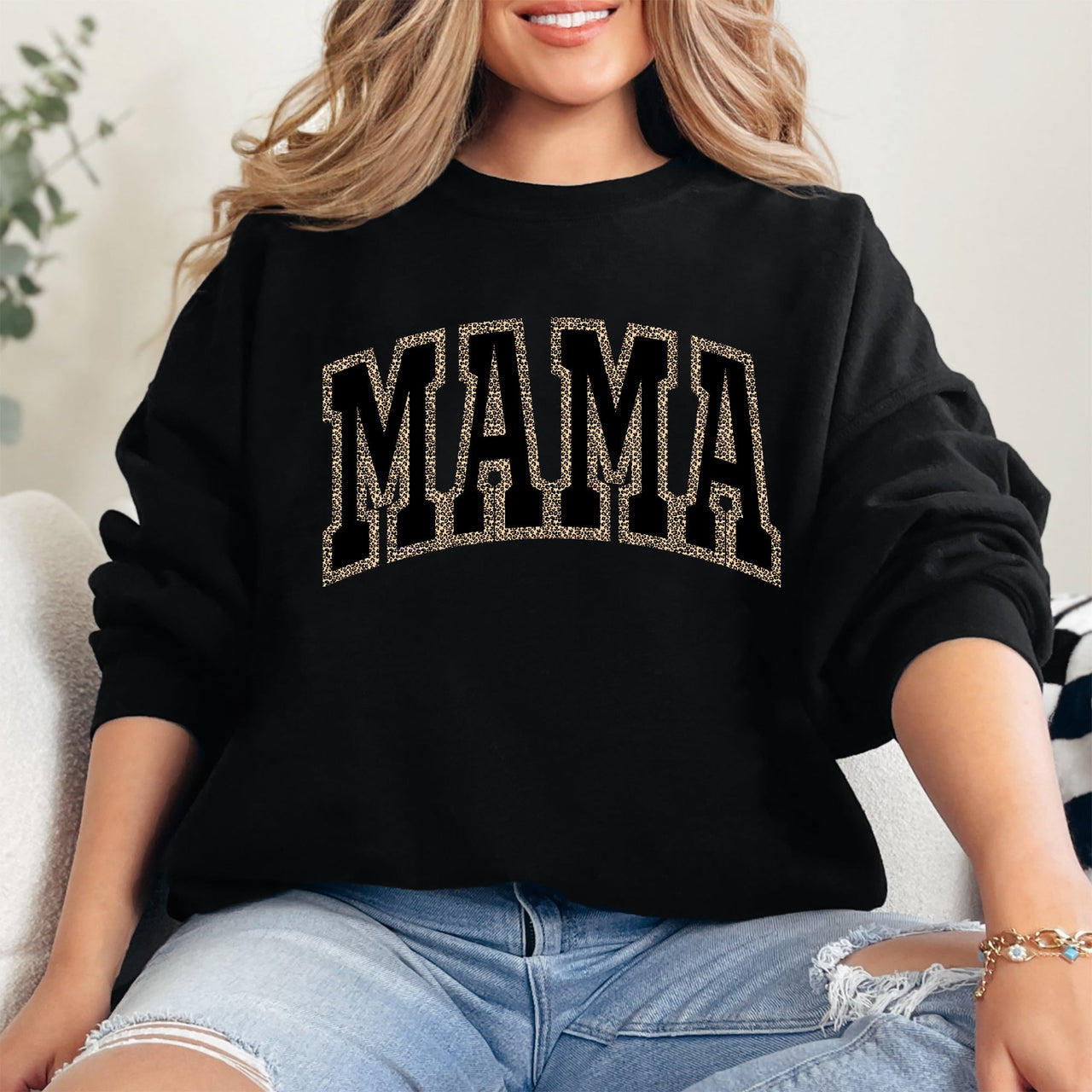 Mama Leopard Print Retro Vintage Varsity Mother's Day Cozy Warm Fleece Sweatshirt