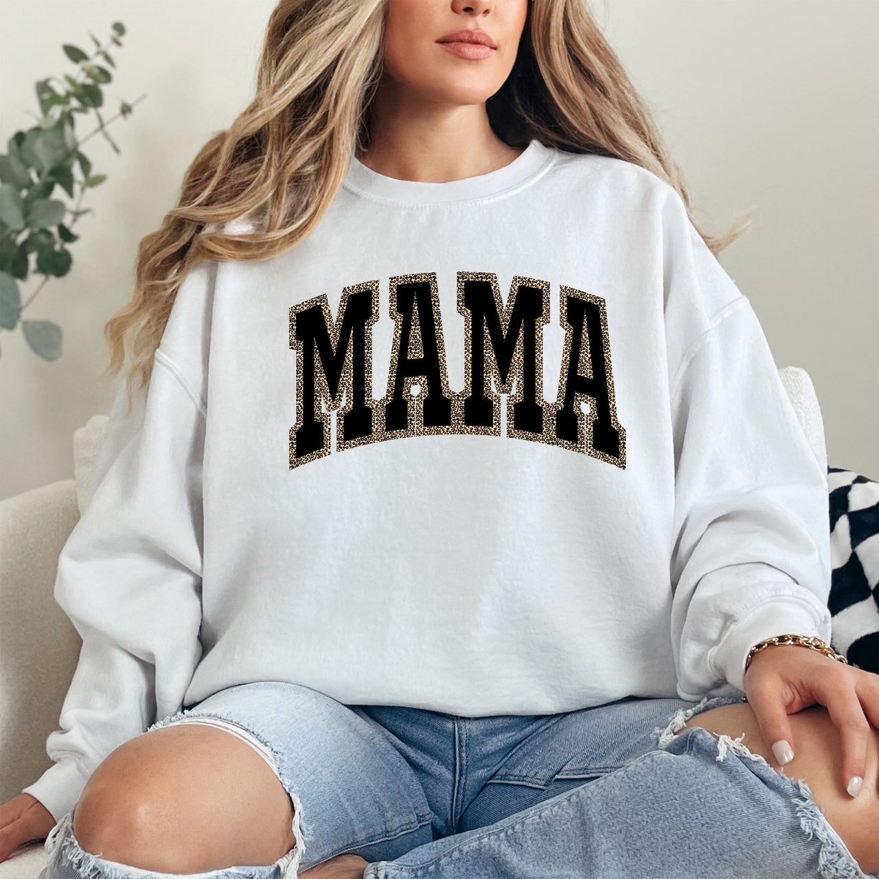 Mama Leopard Print Retro Vintage Varsity Mother's Day Cozy Warm Fleece Sweatshirt