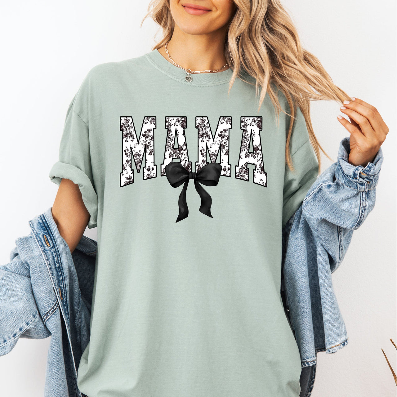 Mama Bow Ribbon Chinoiserie Coquette Varsity Mother's Day Edition Comfort Colors Tee