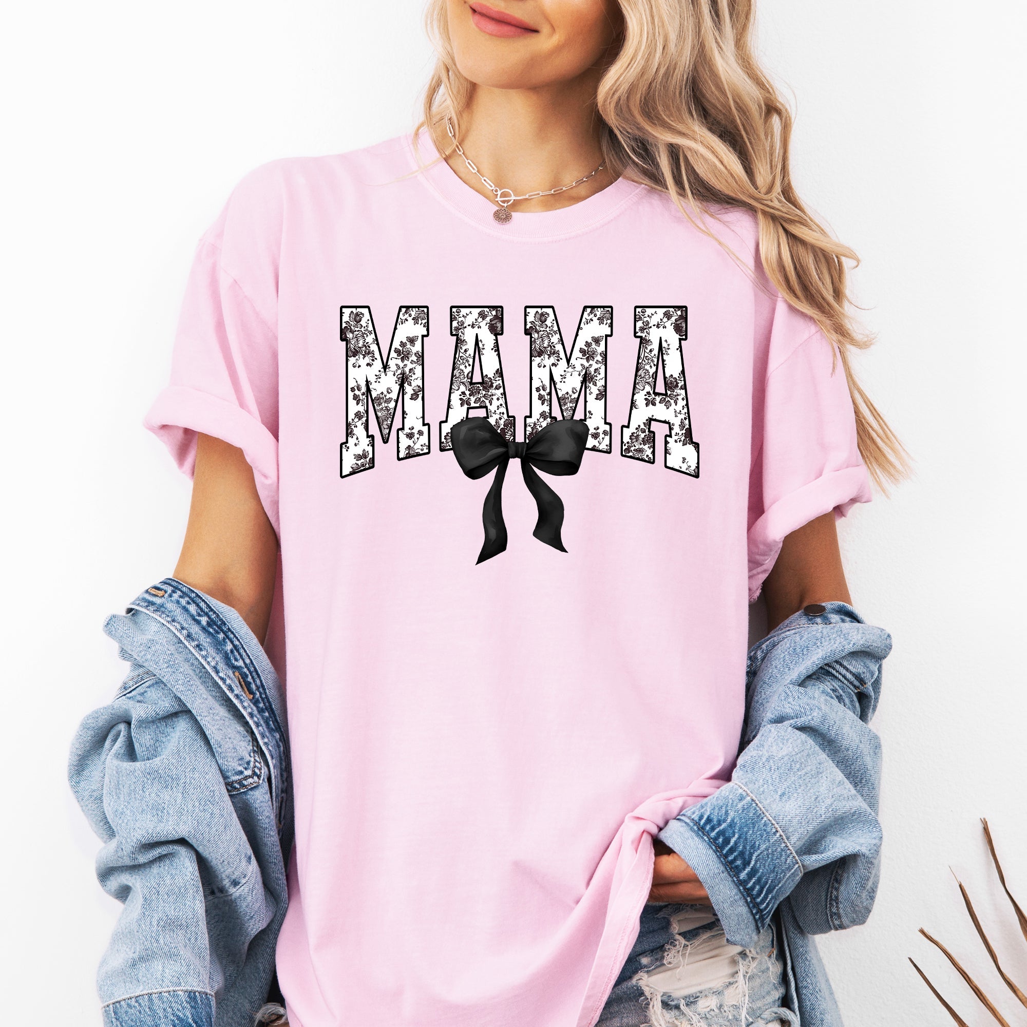 Mama Bow Ribbon Chinoiserie Coquette Varsity Mother's Day Edition Comfort Colors Tee
