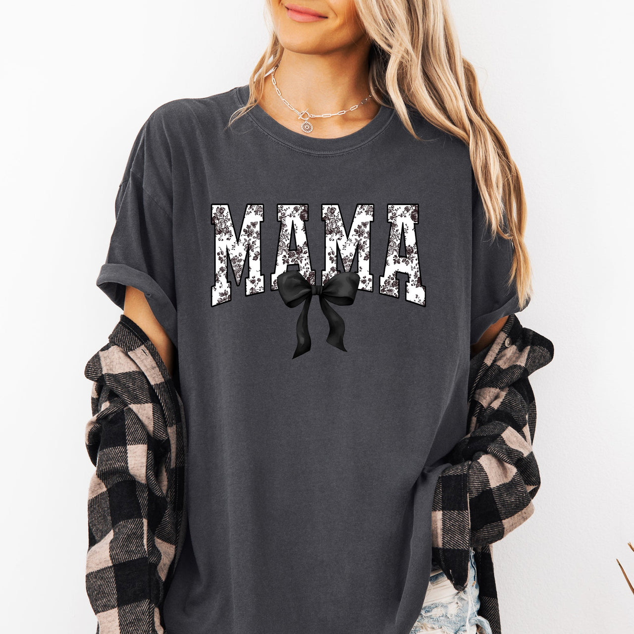 Mama Bow Ribbon Chinoiserie Coquette Varsity Mother's Day Edition Comfort Colors Tee