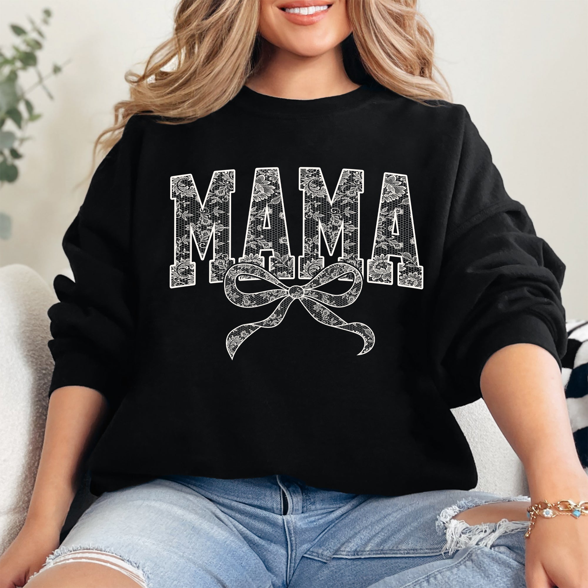 Mama Bow Ribbon Faux Lace Coquette Varsity Mother's Day Edition Keepsake Sweatshirt
