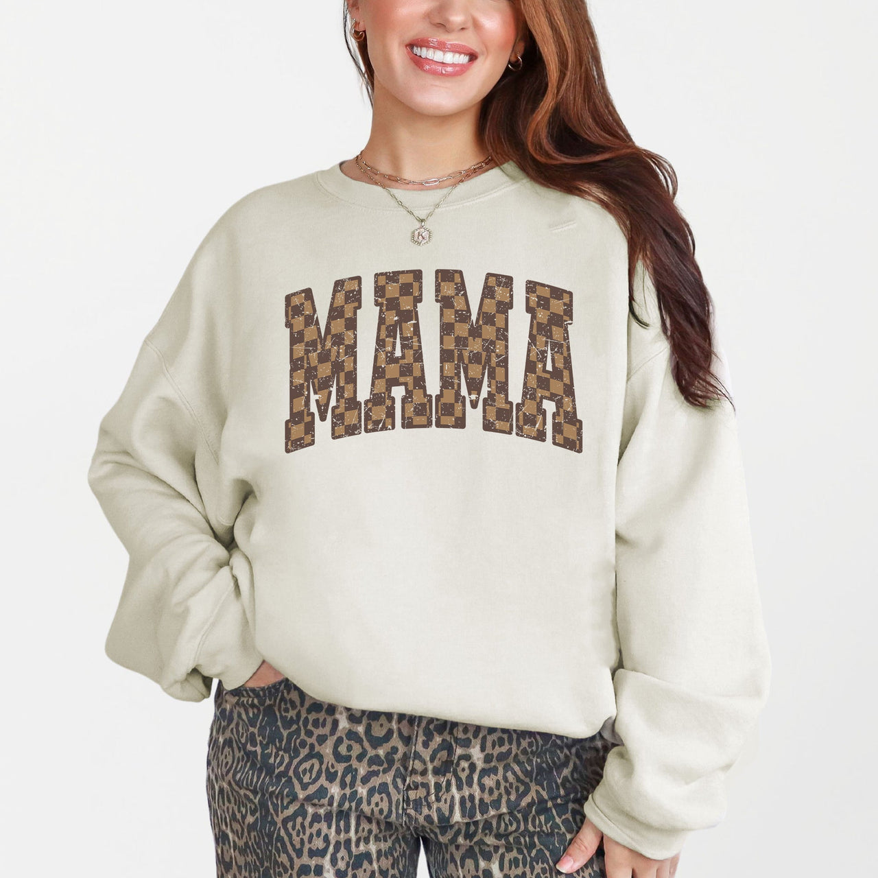 Mama Brown Checkered Retro Varsity Mother's Day Sweatshirt