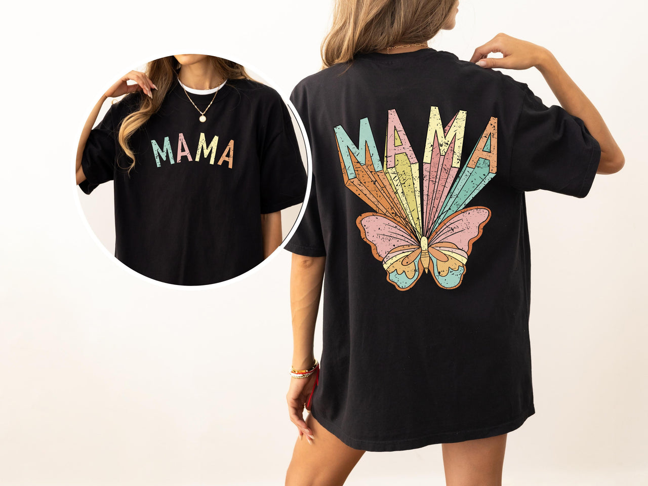 Mama Butterfly Colorful Mother's Day Front And Back Retro Psychedelic Vibe Comfort Colors Tee