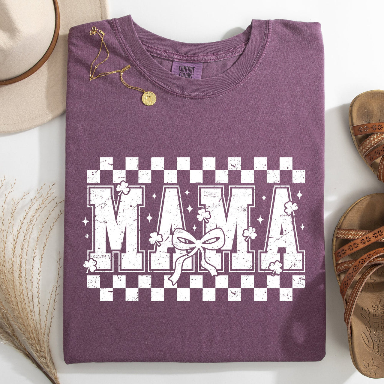 Mama Checkered Bow Ribbon St Patrick's Day Shamrock Clover Lucky Leprechaun Comfort Colors Tee