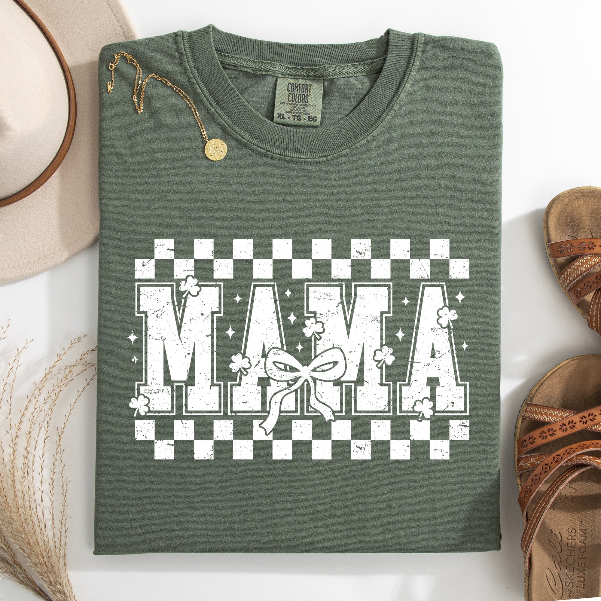 Mama Checkered Bow Ribbon St Patrick's Day Shamrock Clover Lucky Leprechaun Comfort Colors Tee