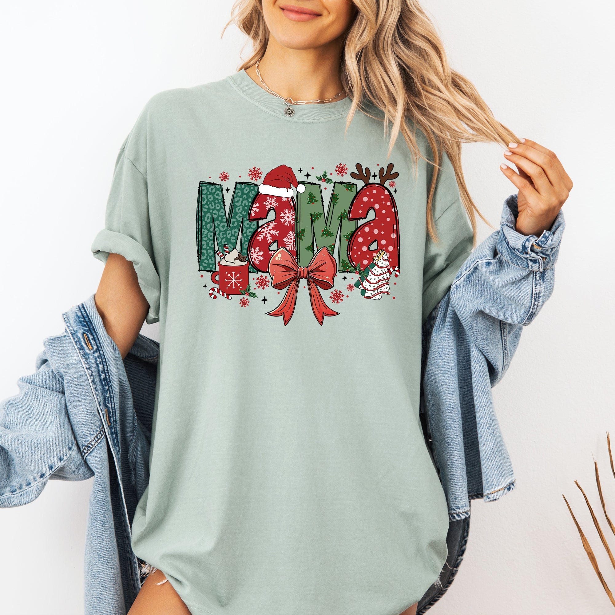 Mama Christmas Fun Reindeer Hot Chocolate Cake Holiday Family Theme Comfort Colors Tee