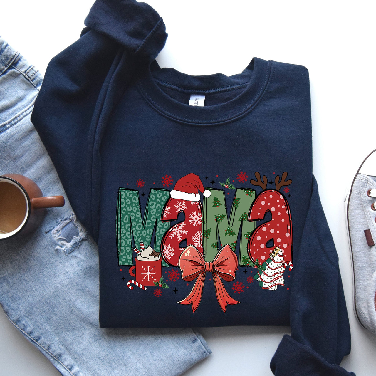 Mama Christmas Fun Reindeer Hot Chocolate Cake Holiday Edition Cozy Festive Sweatshirt
