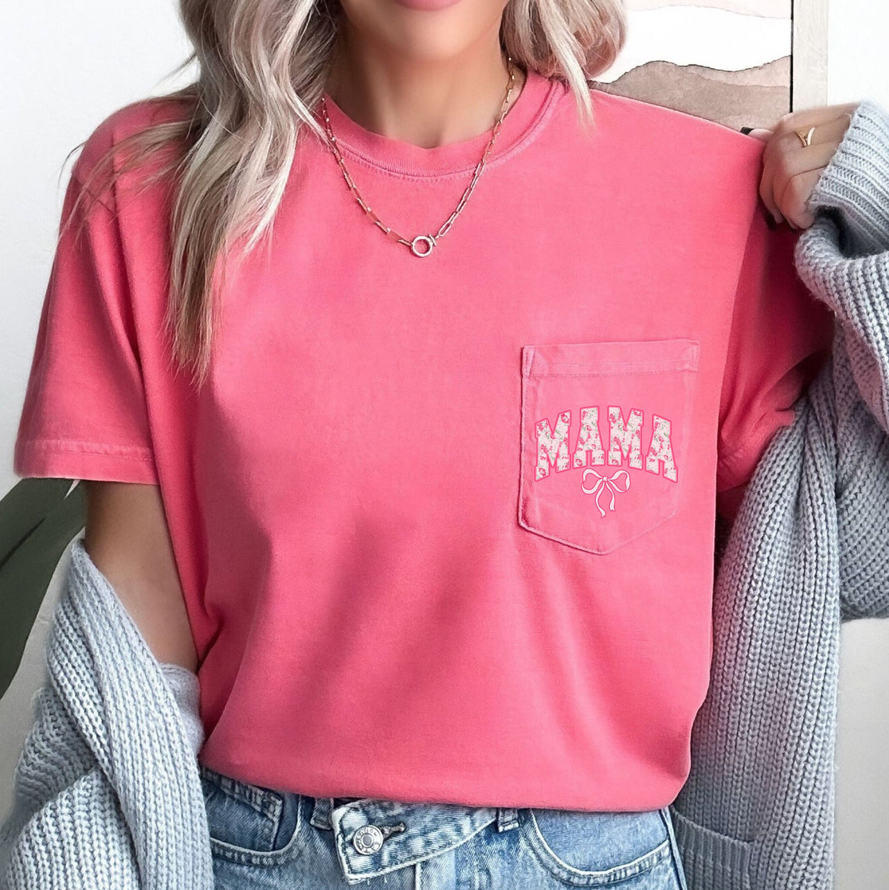 Mama, Coquette, Pocket, Ribbons, Bows Comfort Colors Tee