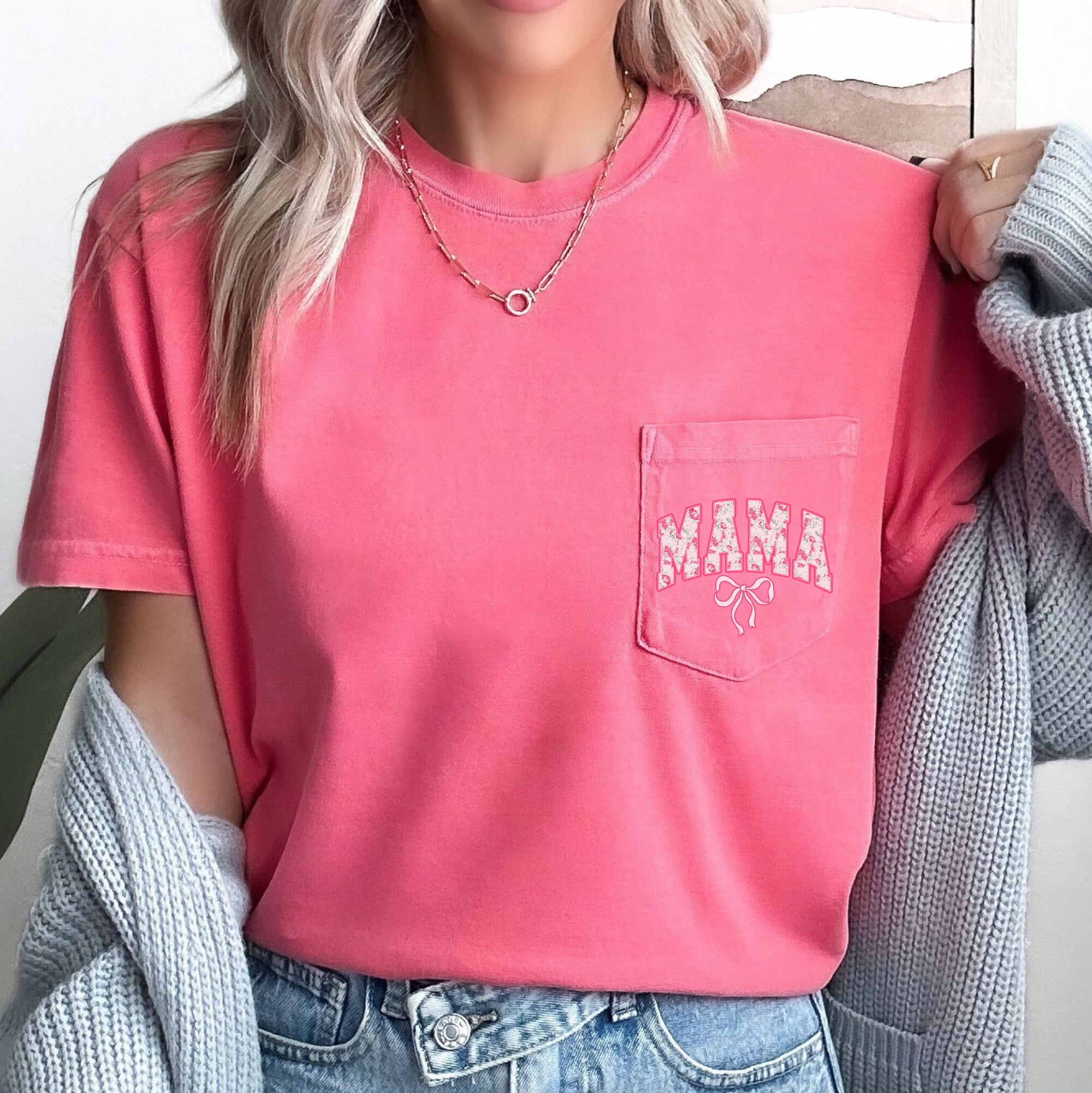 Mama, Coquette, Pocket, Ribbons, Bows Comfort Colors Tee