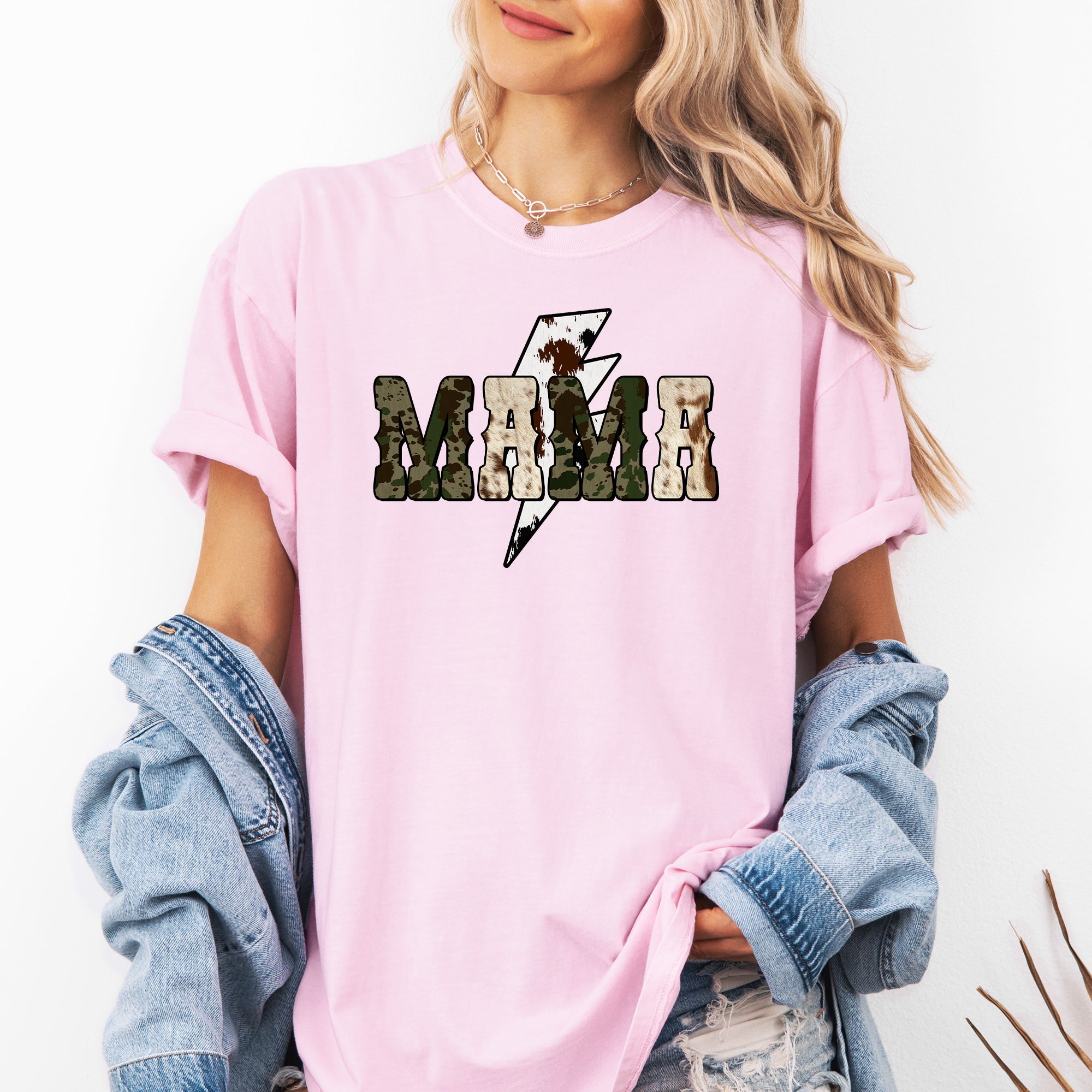 Mama Cow Print Checkered Lightning Bolt Retro Mother's Day Celebration Comfort Colors Tee
