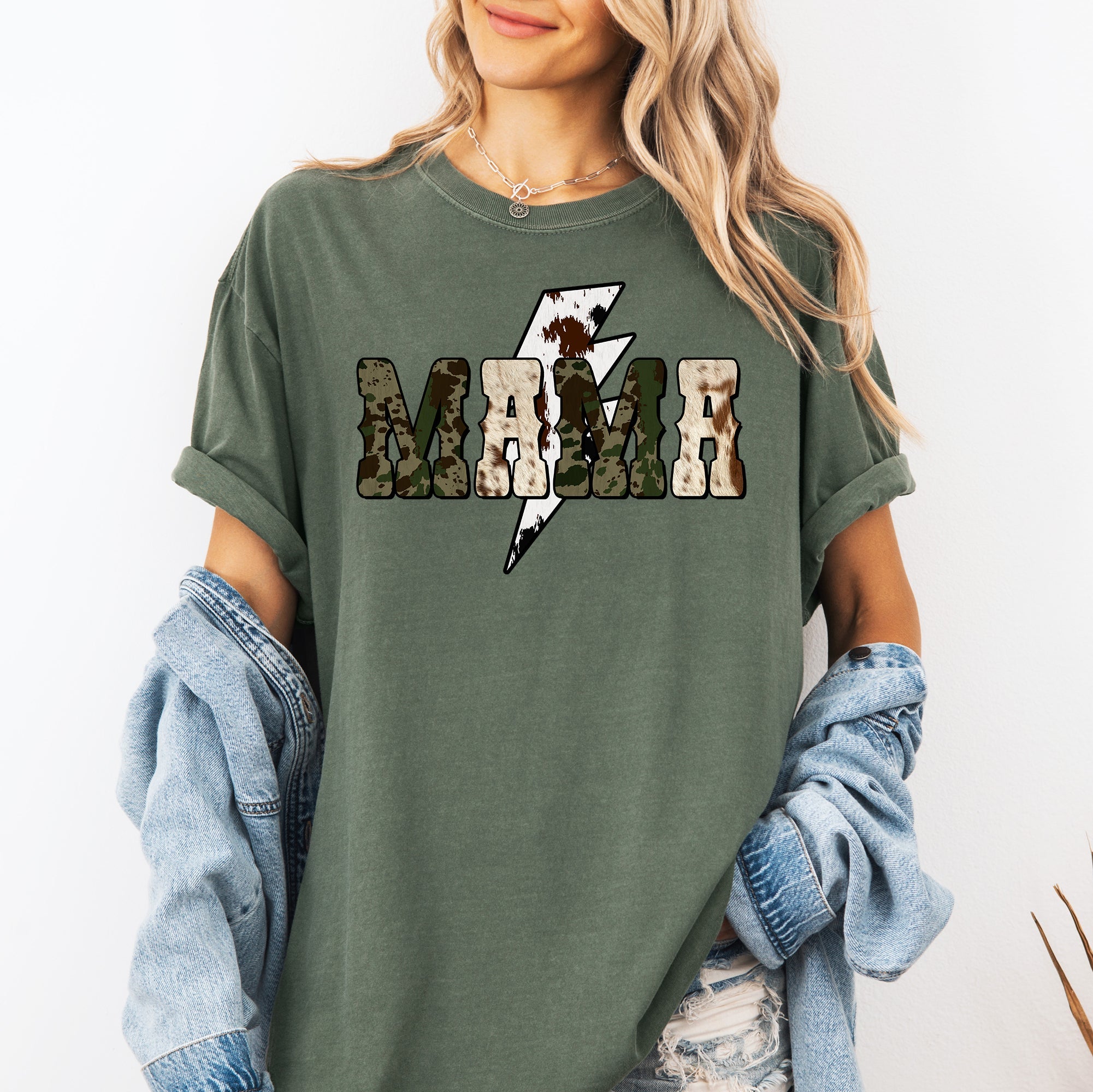 Mama Cow Print Checkered Lightning Bolt Retro Mother's Day Celebration Comfort Colors Tee