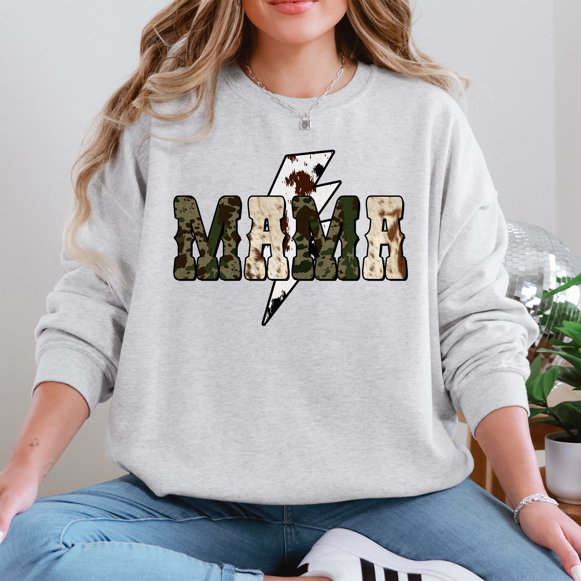 Mama Cow Print Checkered Lightning Bolt Retro Mother's Day Cozy Vintage Sweatshirt