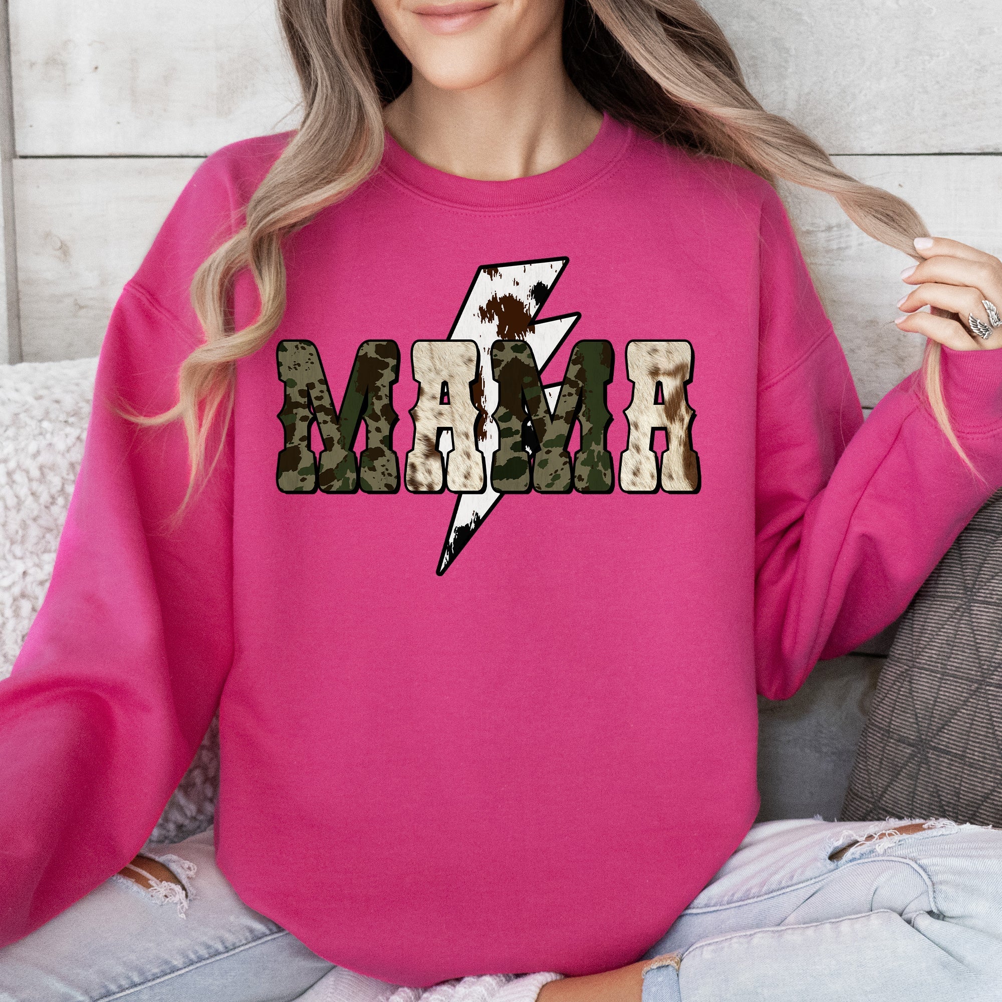 Mama Cow Print Checkered Lightning Bolt Retro Mother's Day Cozy Vintage Sweatshirt