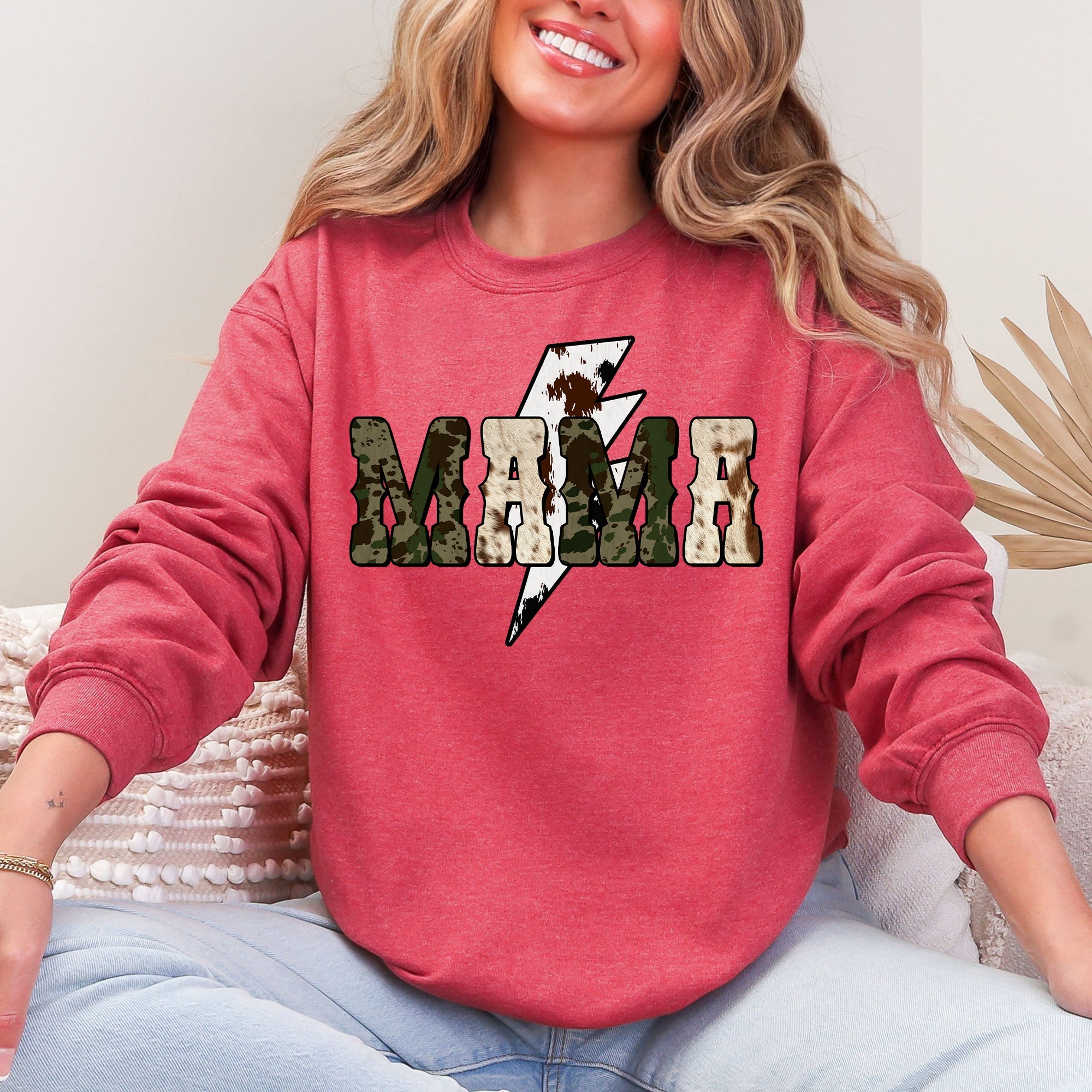 Mama Cow Print Checkered Lightning Bolt Retro Mother's Day Cozy Vintage Sweatshirt