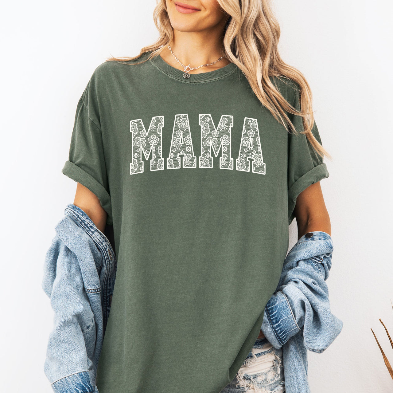 Mama Faux Lace Coquette Varsity Mother's Day Collection Edition Comfort Colors Tee