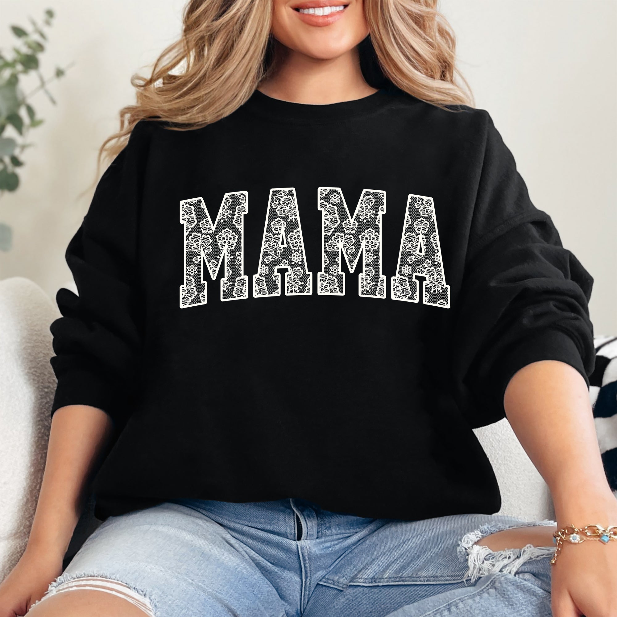 Mama Faux Lace Coquette Varsity Sweatshirt Cotton-Blend Soft Fabric Everyday Essential