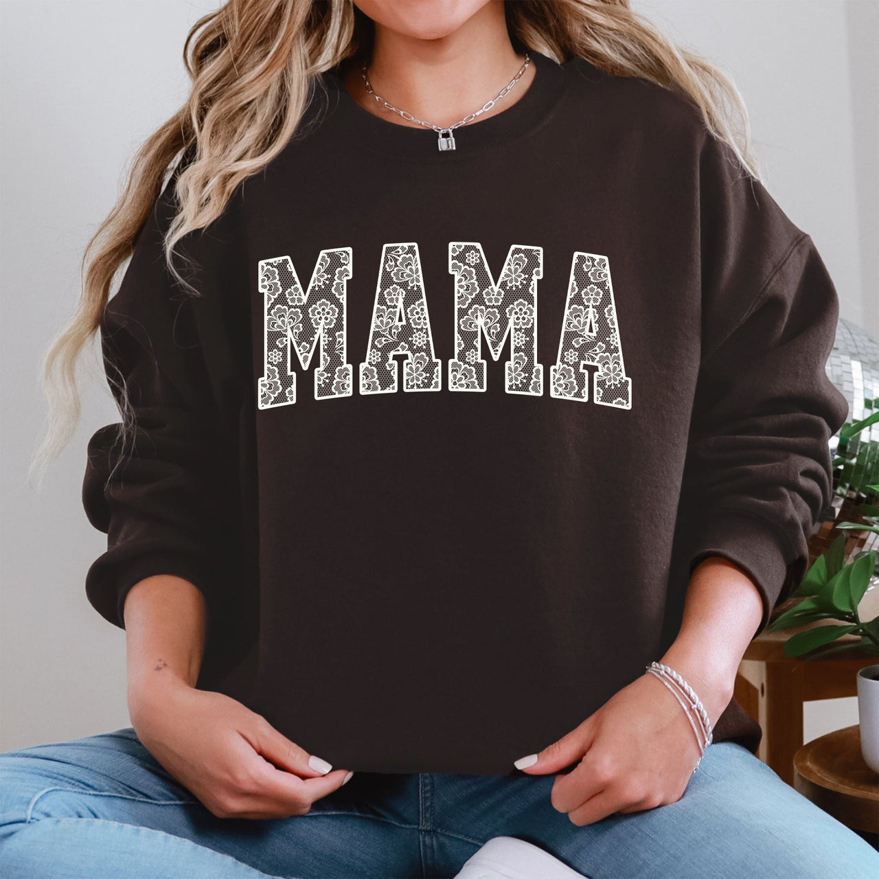Mama Faux Lace Coquette Varsity Sweatshirt Cotton-Blend Soft Fabric Everyday Essential