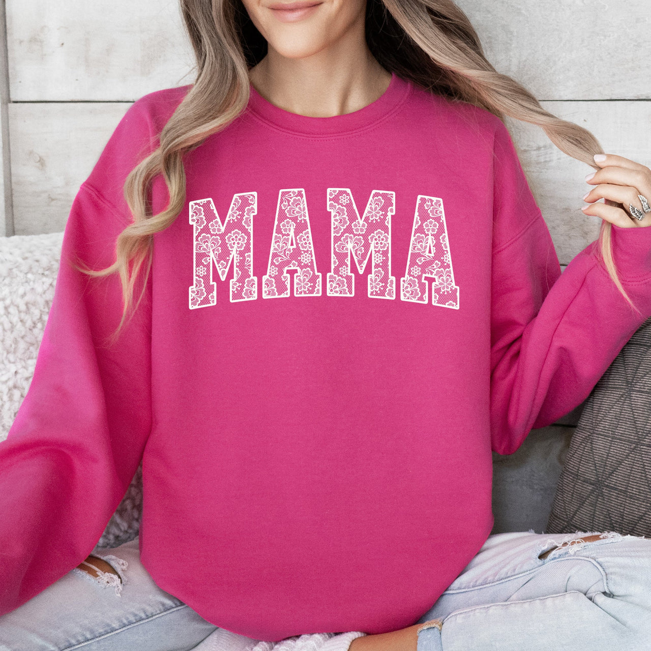 Mama Faux Lace Coquette Varsity Sweatshirt Cotton-Blend Soft Fabric Everyday Essential