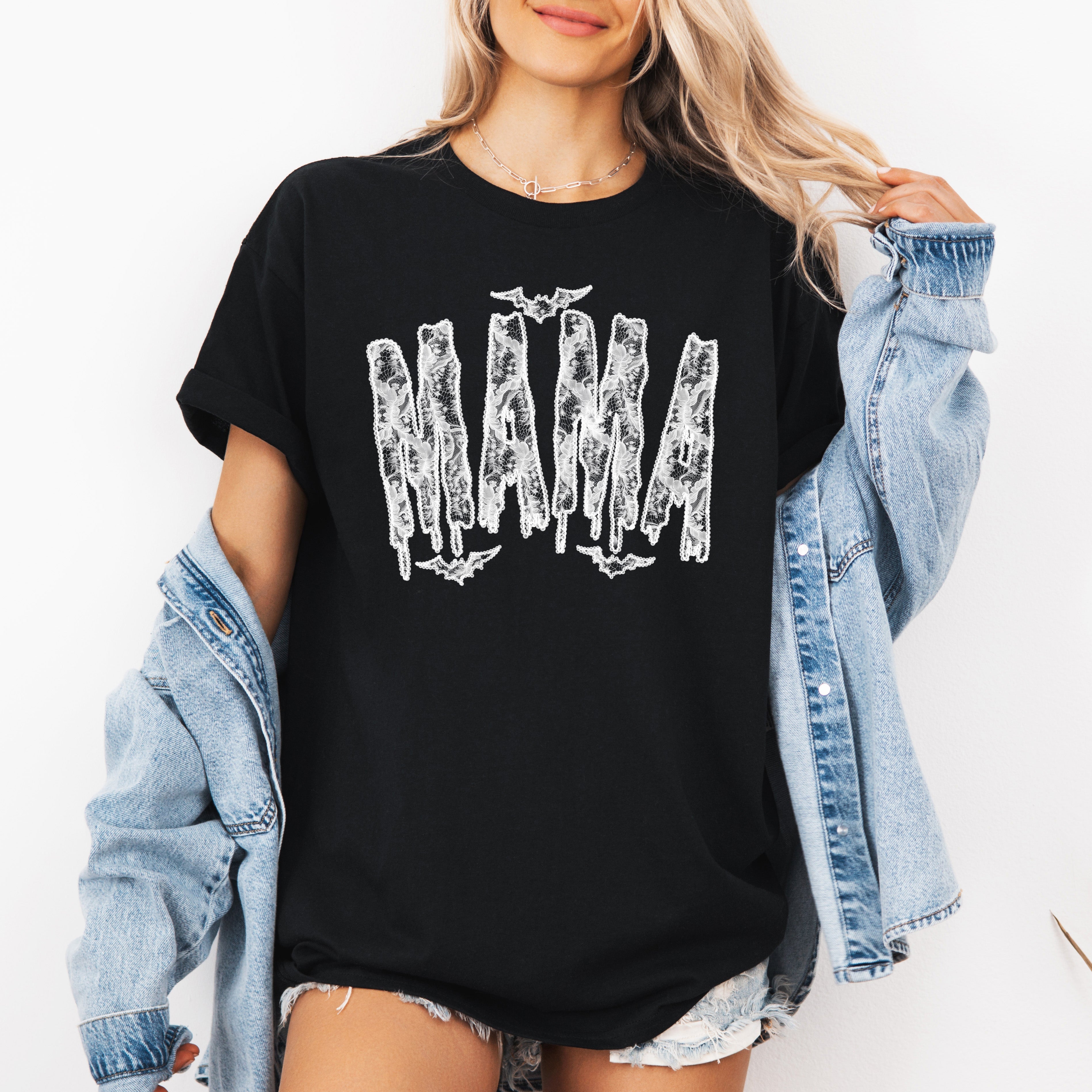 Mama Faux Lace Halloween Coquette Vintage Goth Glam Dark Romance Midnight Boudoir Couture Graphic Tee