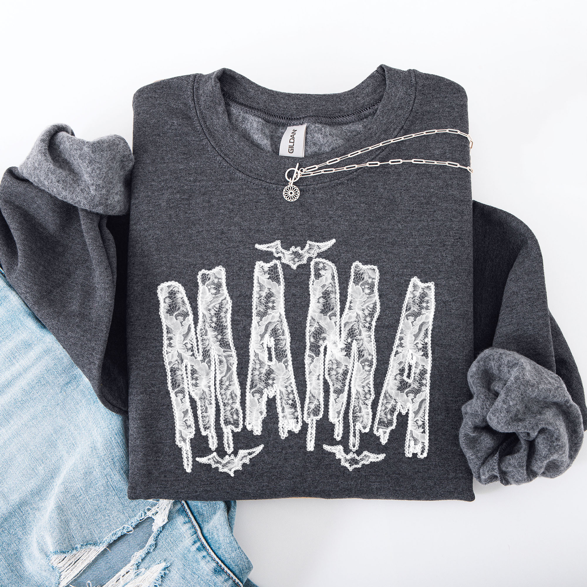 Mama Faux Lace Halloween Coquette Inspired Vintage Gothic Graphic Cozy Sweatshirt