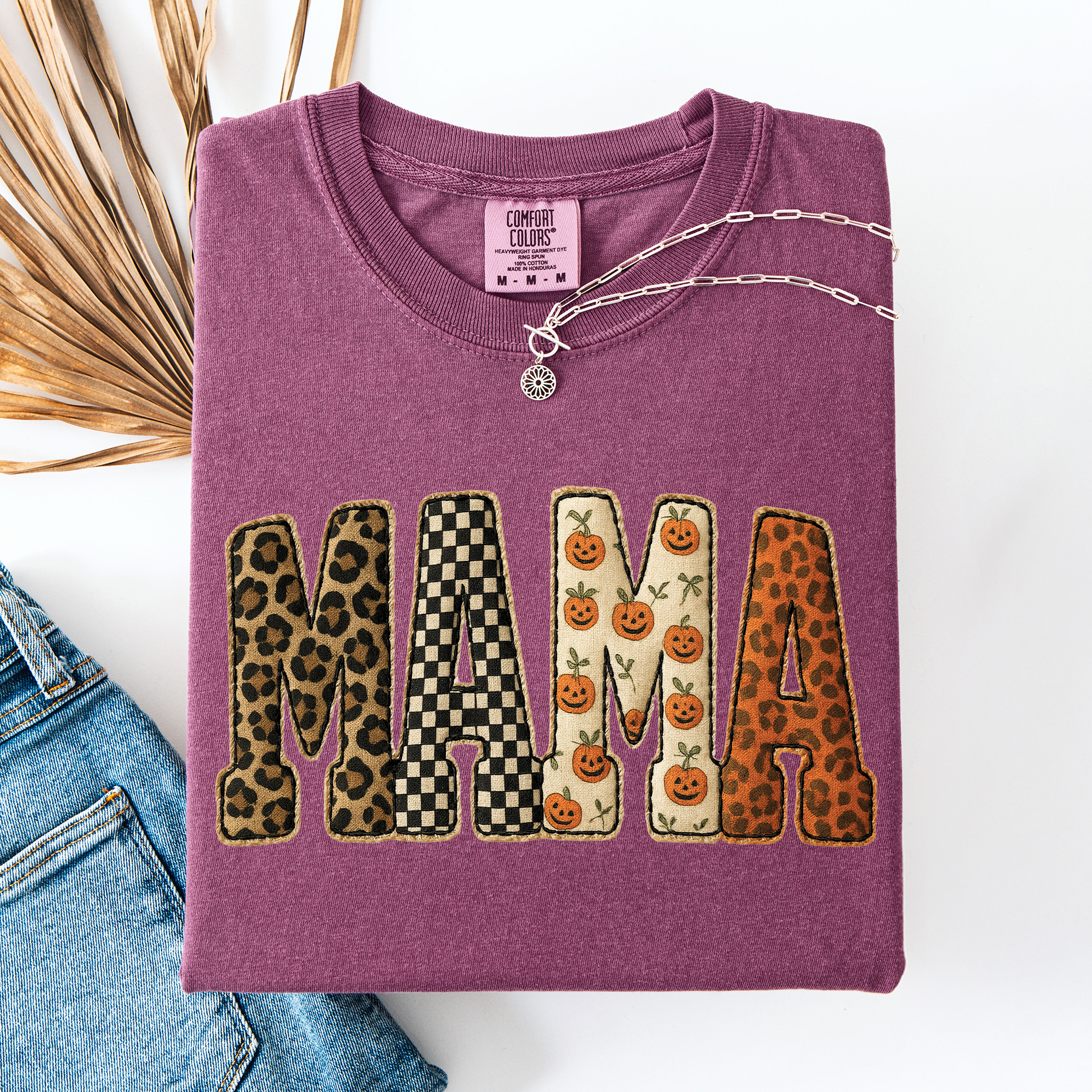 Mama Halloween Pattern Leopard Print Checkered Pumpkin Seasonal Comfort Colors Tee