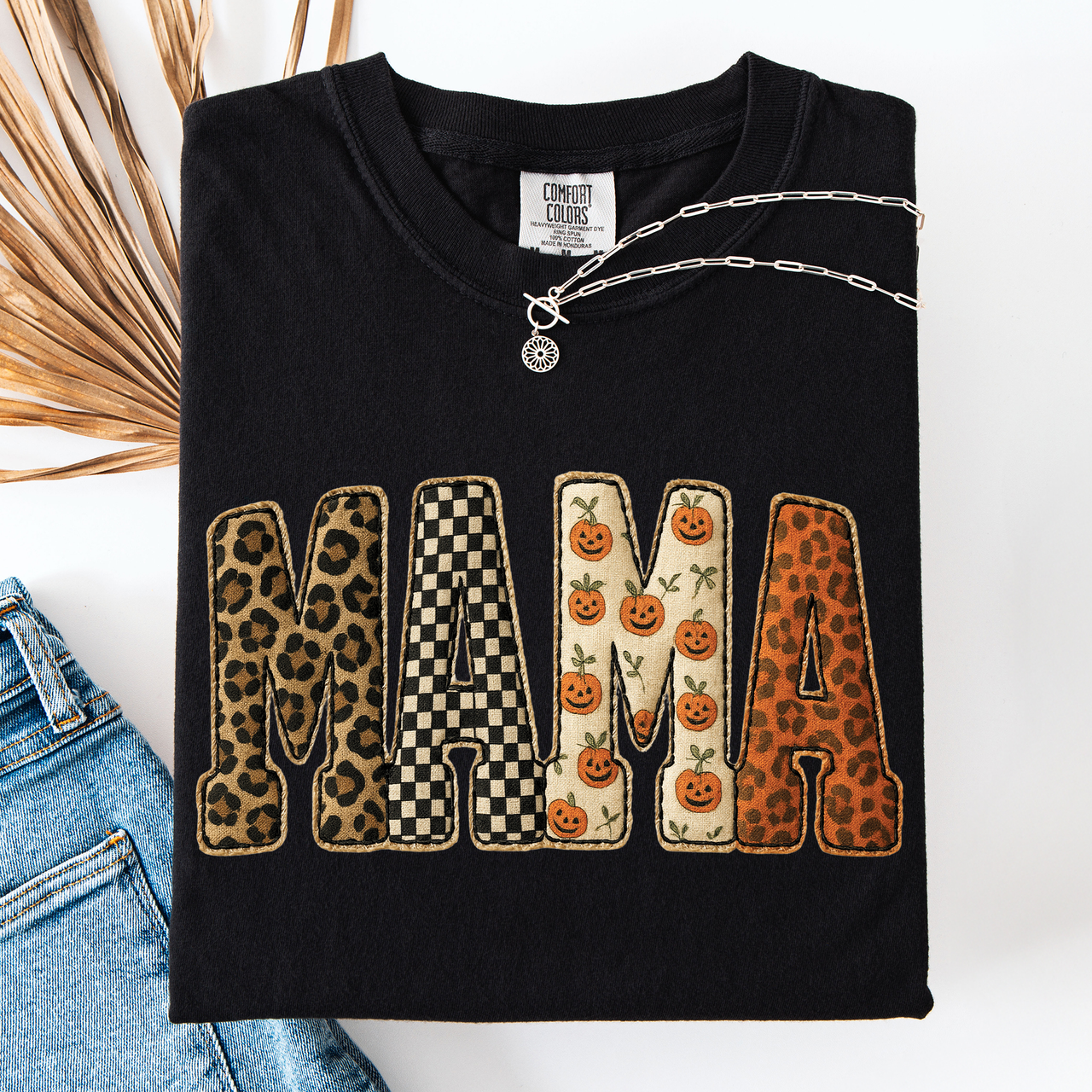 Mama Halloween Pattern Leopard Print Checkered Pumpkin Seasonal Comfort Colors Tee