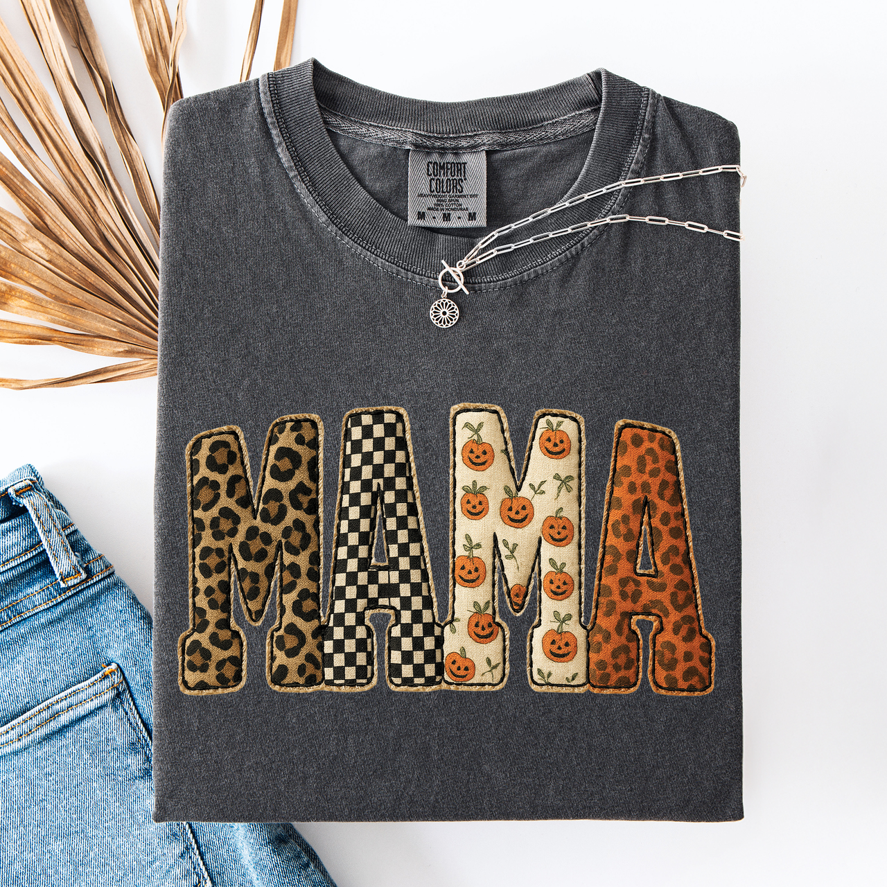 Mama Halloween Pattern Leopard Print Checkered Pumpkin Seasonal Comfort Colors Tee