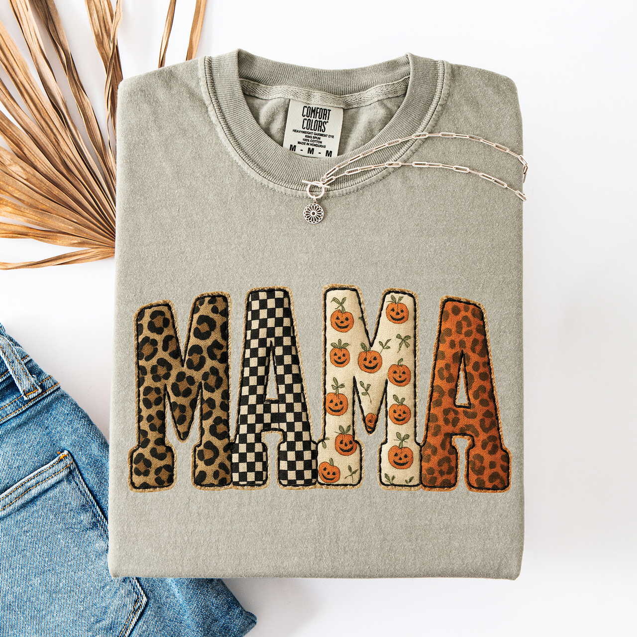 Mama Halloween Pattern Leopard Print Checkered Pumpkin Seasonal Comfort Colors Tee