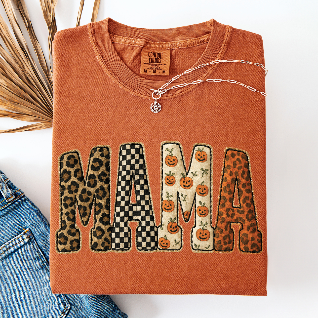 Mama Halloween Pattern Leopard Print Checkered Pumpkin Seasonal Comfort Colors Tee