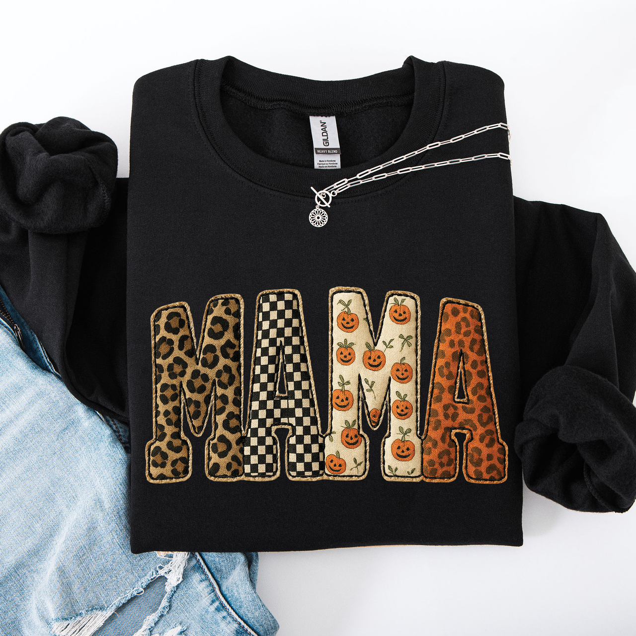 Vintage Mama Halloween Patchwork Leopard Print Checkered Pumpkin Pattern Sweatshirt